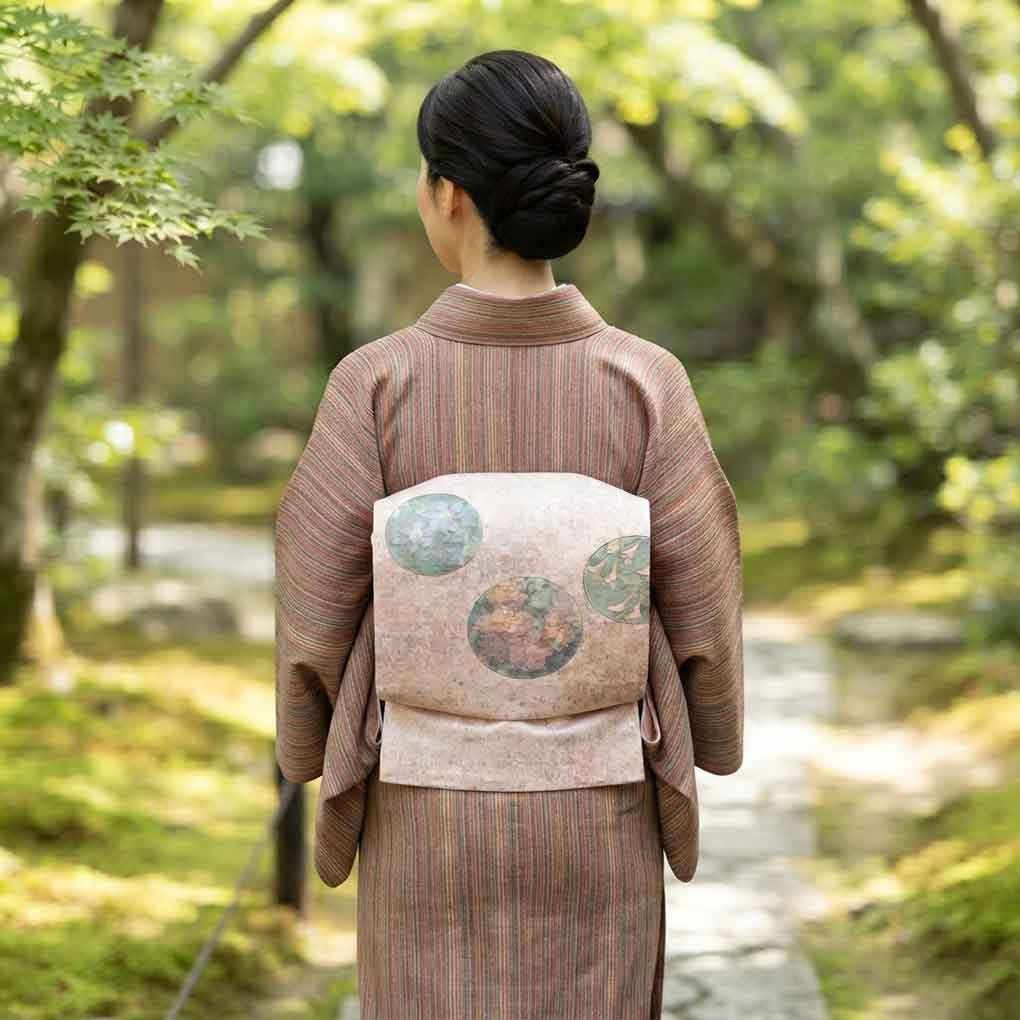 名古屋帯 リサイクル帯 幅31cm 長さ346cm レディース 花柄 秋冬春用 正絹（シルク）ピンク 美品 螺鈿 リメイク リユース【ランクA】