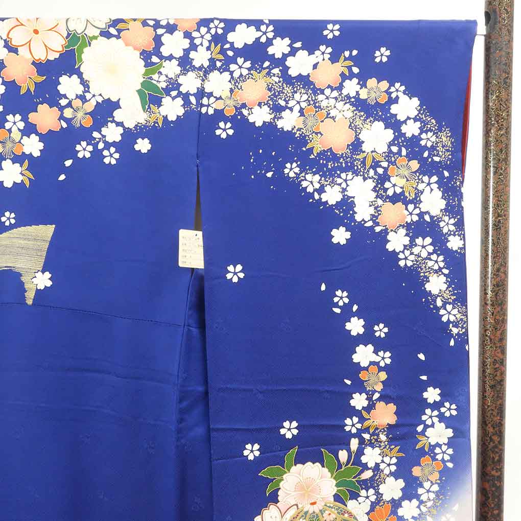 振袖 リサイクル着物 身丈167cm 裄66cm 前幅23cm 後幅29.5cm 袖丈106cm 袖幅34cm レディース 袷 花柄 裄長 裄M-Lサイズ 秋冬春用 正絹(シルク)ネイビー トールサイズ 美品 リメイク リユース【ランクA】