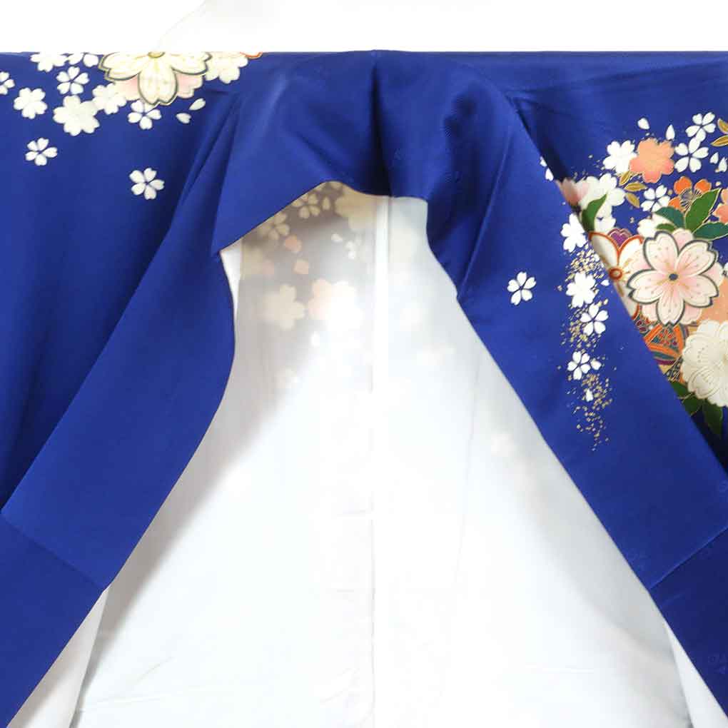 振袖 リサイクル着物 身丈167cm 裄66cm 前幅23cm 後幅29.5cm 袖丈106cm 袖幅34cm レディース 袷 花柄 裄長 裄M-Lサイズ 秋冬春用 正絹(シルク)ネイビー トールサイズ 美品 リメイク リユース【ランクA】