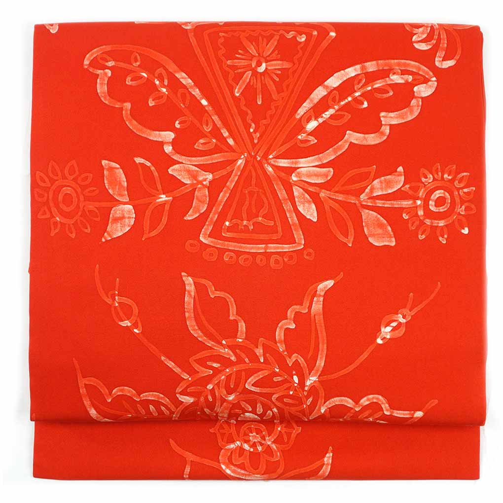 名古屋帯 リサイクル帯 幅31cm 長さ345cm レディース 花柄 秋冬春用 正絹（シルク）オレンジ 美品 リメイク リユース【ランクA】