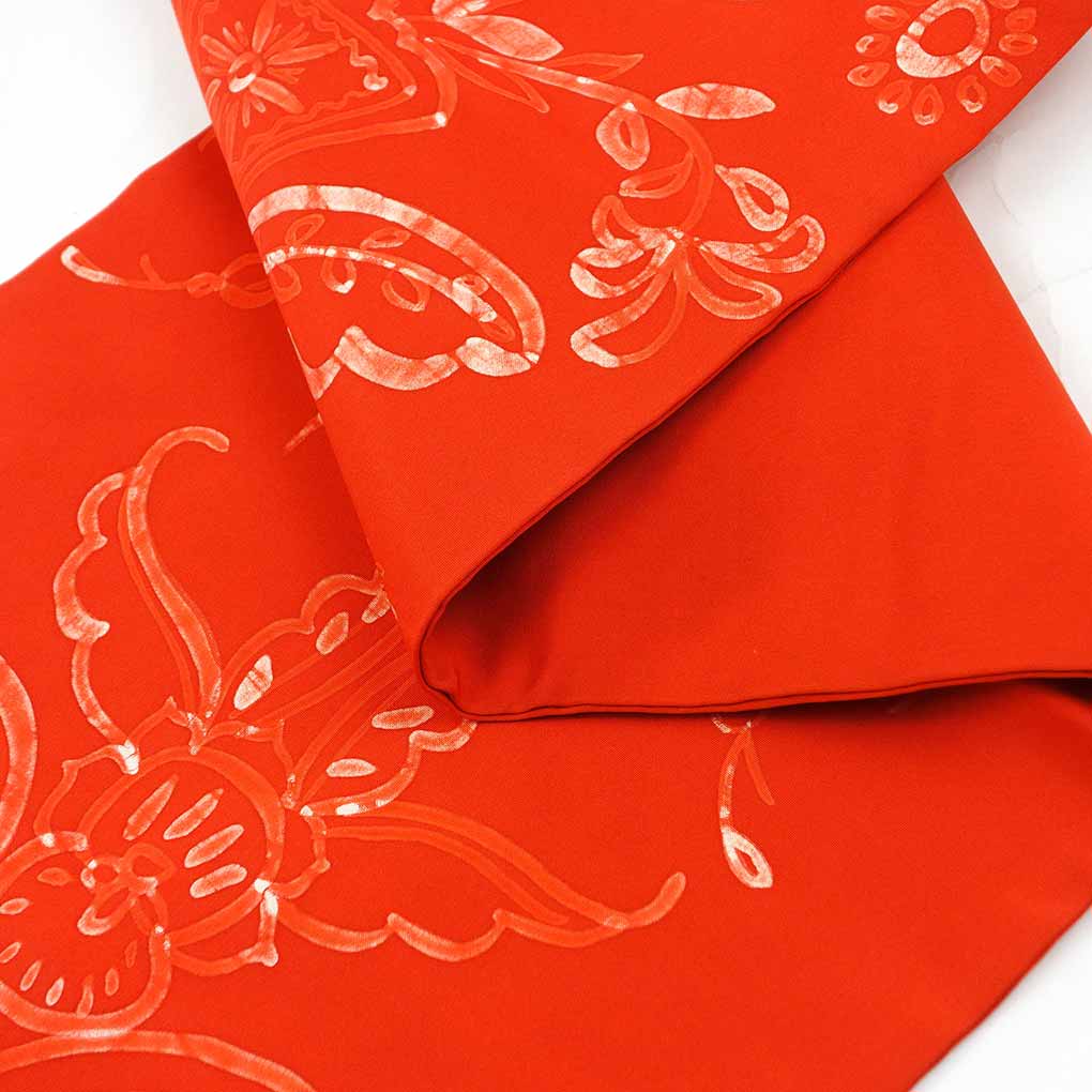 名古屋帯 リサイクル帯 幅31cm 長さ345cm レディース 花柄 秋冬春用 正絹（シルク）オレンジ 美品 リメイク リユース【ランクA】