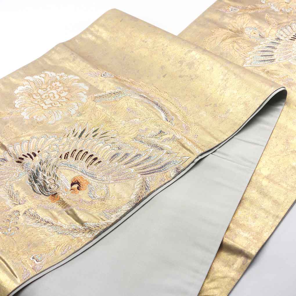 袋帯 リサイクル帯 幅31cm 長さ433cm レディース 鳳凰 秋冬春用 正絹(シルク)ゴールド 美品 リメイク リユース【ランクA】