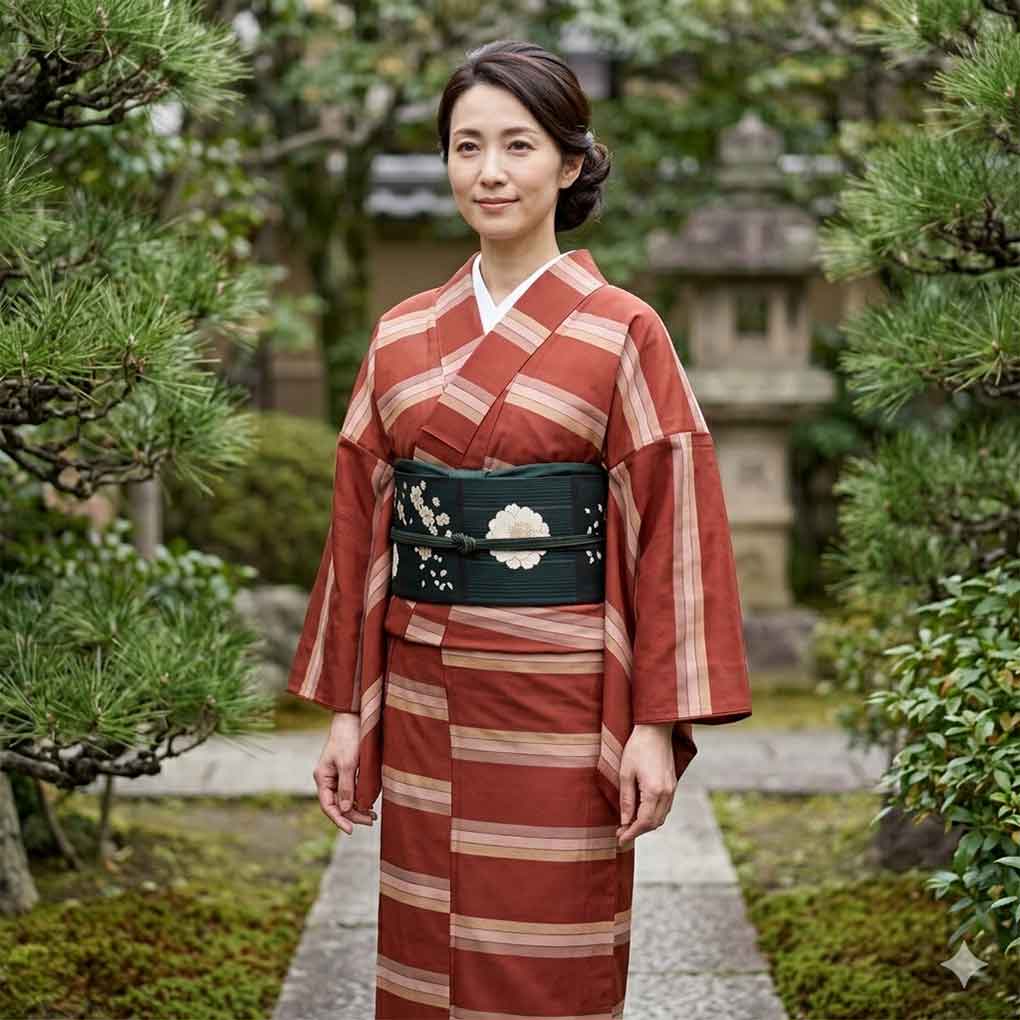 紬 リサイクル着物 身丈160cm 裄64cm 前幅27cm 後幅30cm 袖丈56cm 袖幅32cm レディース 袷 横段柄 裄Mサイズ 秋冬春用 正絹（シルク）レッド 美品 リメイク リユース【ランクA】