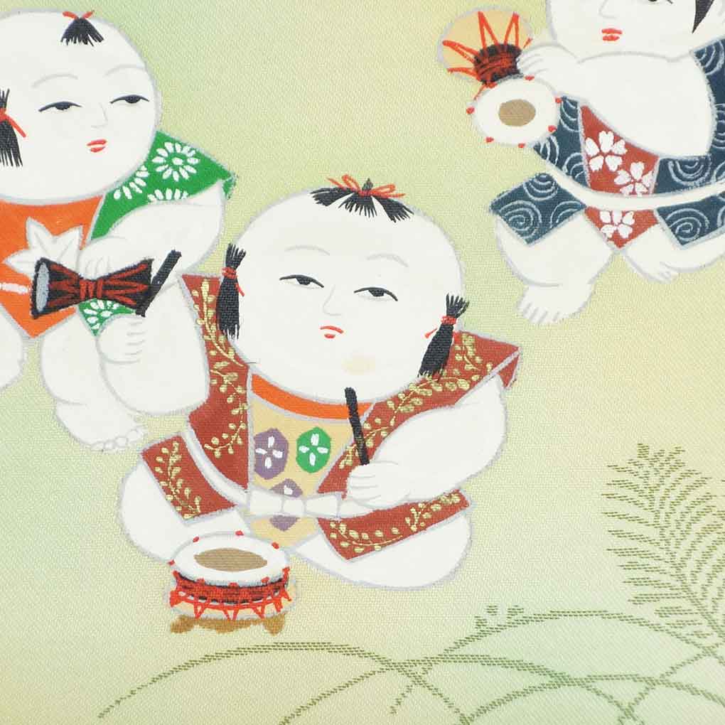 名古屋帯 リサイクル帯 幅31cm 長さ362cm レディース 唐子人形 秋冬春用 正絹（シルク）グリーン やや難 リメイク リユース【ランクB】