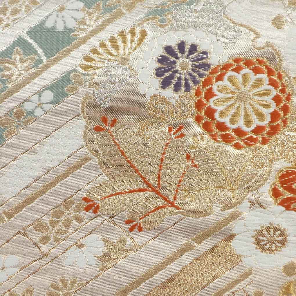 袋帯 リサイクル帯 幅30.5cm 長さ430cm レディース 花柄 秋冬春用 正絹（シルク）ゴールド 美品 リメイク リユース【ランクA】