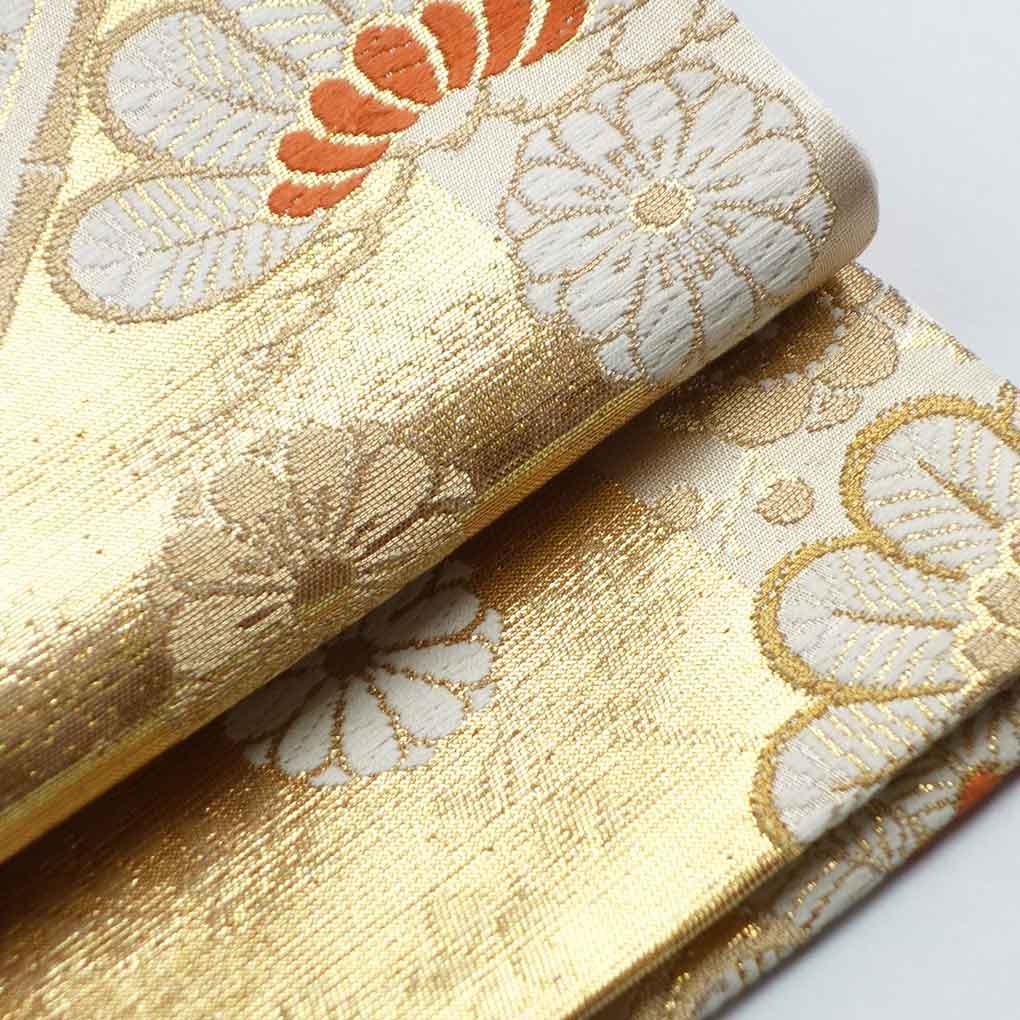 袋帯 リサイクル帯 幅30.5cm 長さ430cm レディース 花柄 秋冬春用 正絹（シルク）ゴールド 美品 リメイク リユース【ランクA】