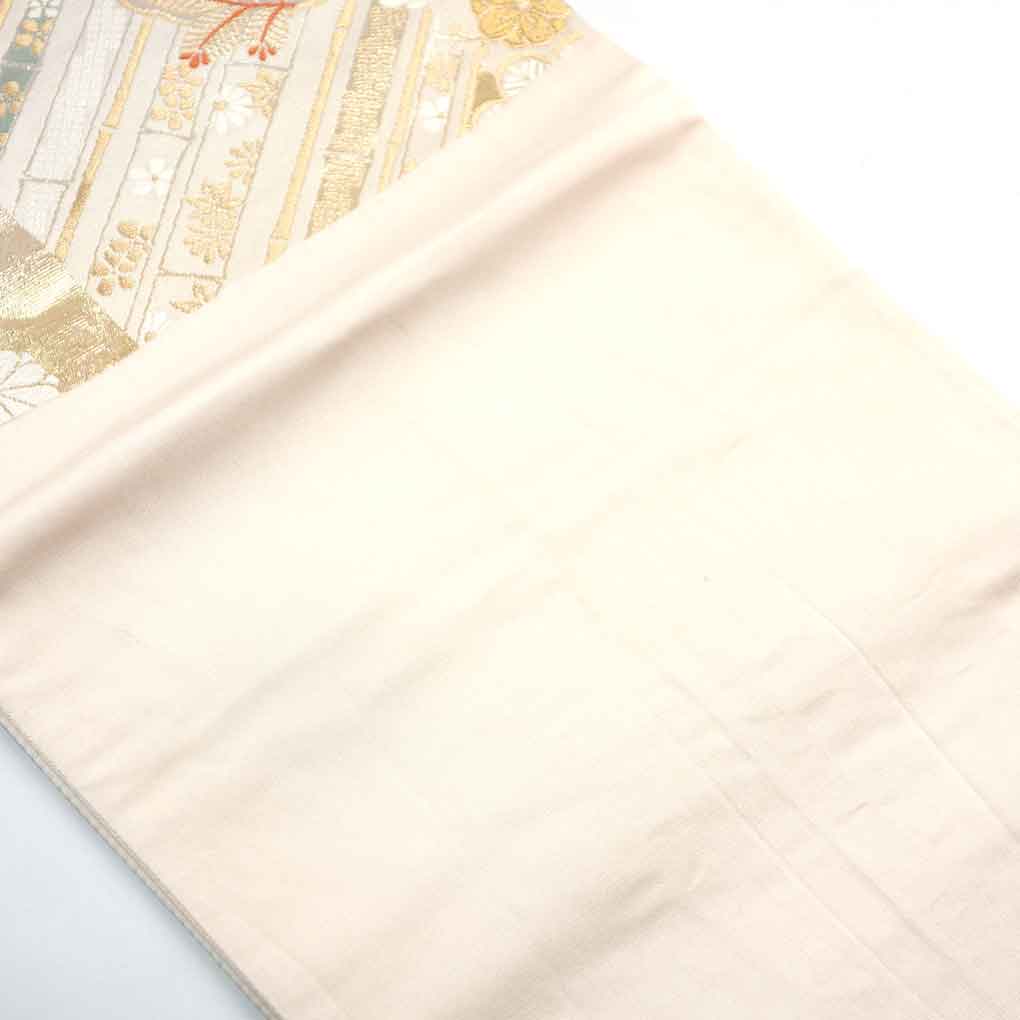 袋帯 リサイクル帯 幅30.5cm 長さ430cm レディース 花柄 秋冬春用 正絹（シルク）ゴールド 美品 リメイク リユース【ランクA】