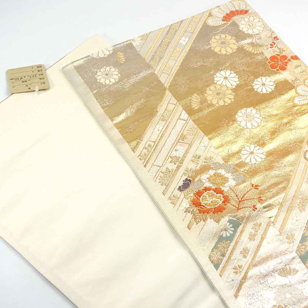 袋帯 リサイクル帯 幅30.5cm 長さ430cm レディース 花柄 秋冬春用 正絹（シルク）ゴールド 美品 リメイク リユース【ランクA】