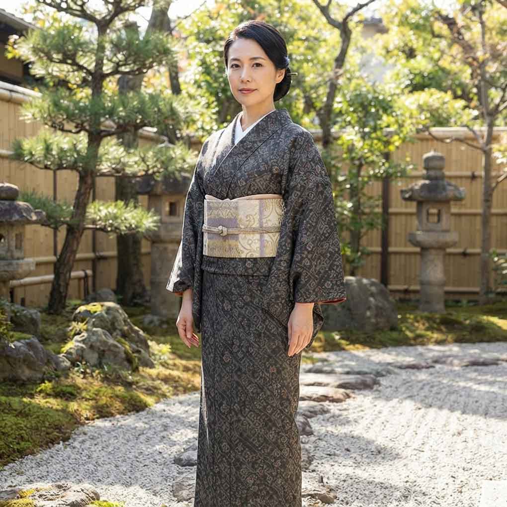紬 リサイクル着物 身丈151cm 裄64cm 前幅23cm 後幅28.5cm 袖丈49cm 袖幅32cm レディース 袷 花柄 裄Mサイズ 秋冬春用 正絹（シルク）ブラック 未使用品 リメイク リユース【ランクS】