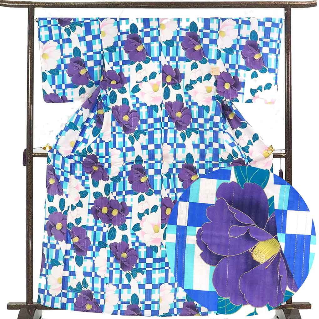 浴衣 リサイクル着物 身丈166cm 裄67cm 前幅24cm 後幅31cm 袖丈49cm 袖幅33.5cm レディース 花柄 裄長 裄Lサイズ 夏用 木綿 ブルー トールサイズ 未使用品 リメイク リユース【ランクS】