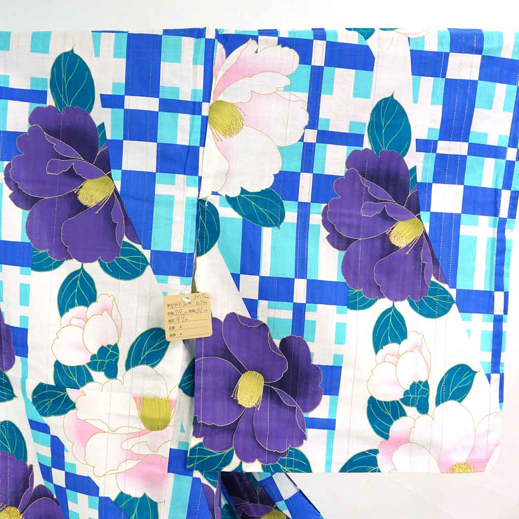 浴衣 リサイクル着物 身丈166cm 裄67cm 前幅24cm 後幅31cm 袖丈49cm 袖幅33.5cm レディース 花柄 裄長 裄Lサイズ 夏用 木綿 ブルー トールサイズ 未使用品 リメイク リユース【ランクS】