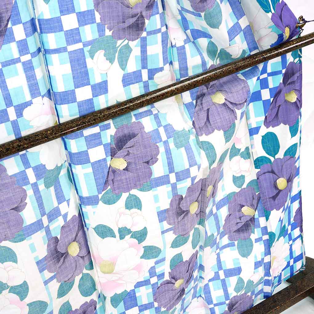 浴衣 リサイクル着物 身丈166cm 裄67cm 前幅24cm 後幅31cm 袖丈49cm 袖幅33.5cm レディース 花柄 裄長 裄Lサイズ 夏用 木綿 ブルー トールサイズ 未使用品 リメイク リユース【ランクS】