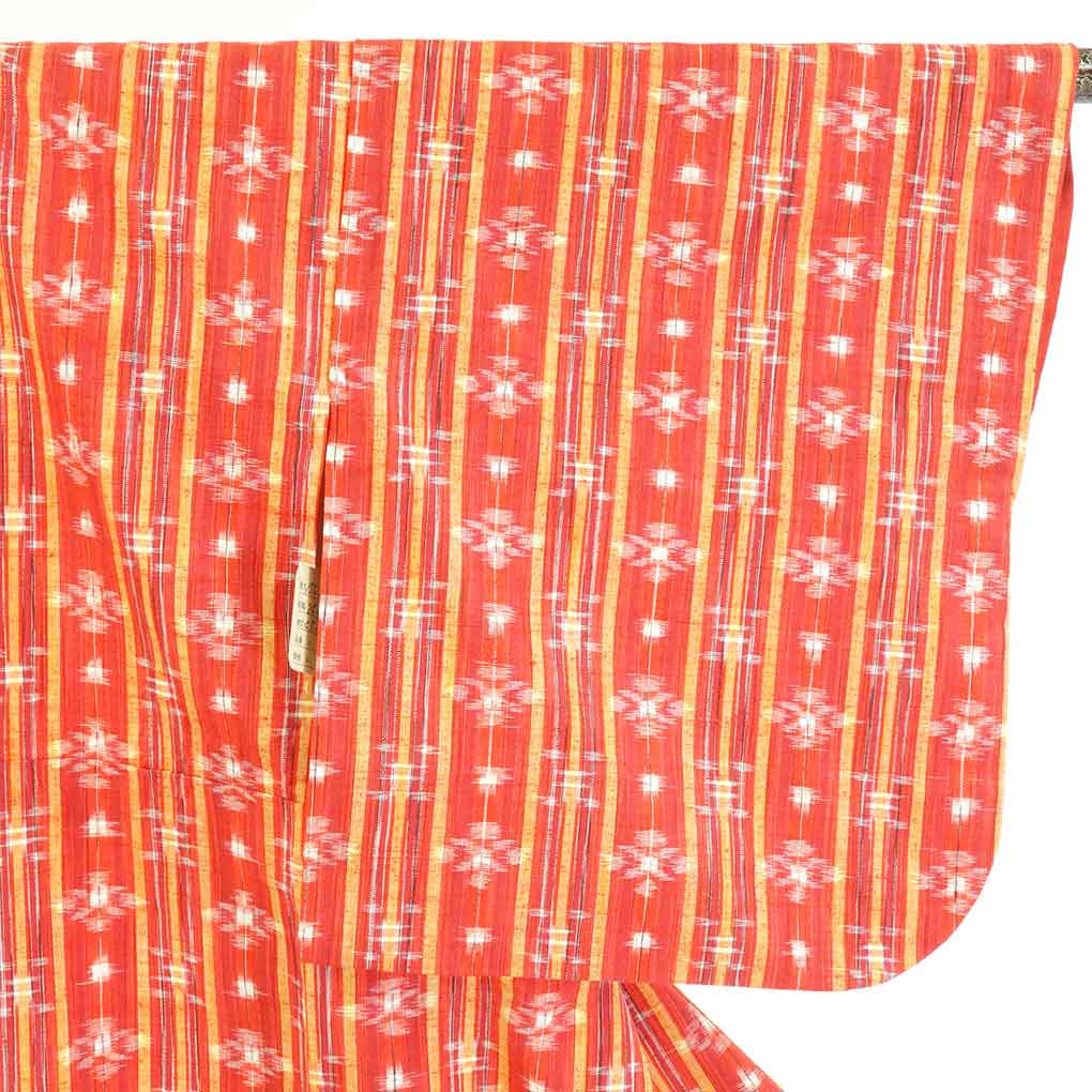 【在庫処分】リサイクル着物 紬正絹朱赤地縦縞袷紬着物レディース【裄SSサイズ】身丈150cm 裄60cm 前幅24cm 後幅28cm 袖丈45cm【ランクA】