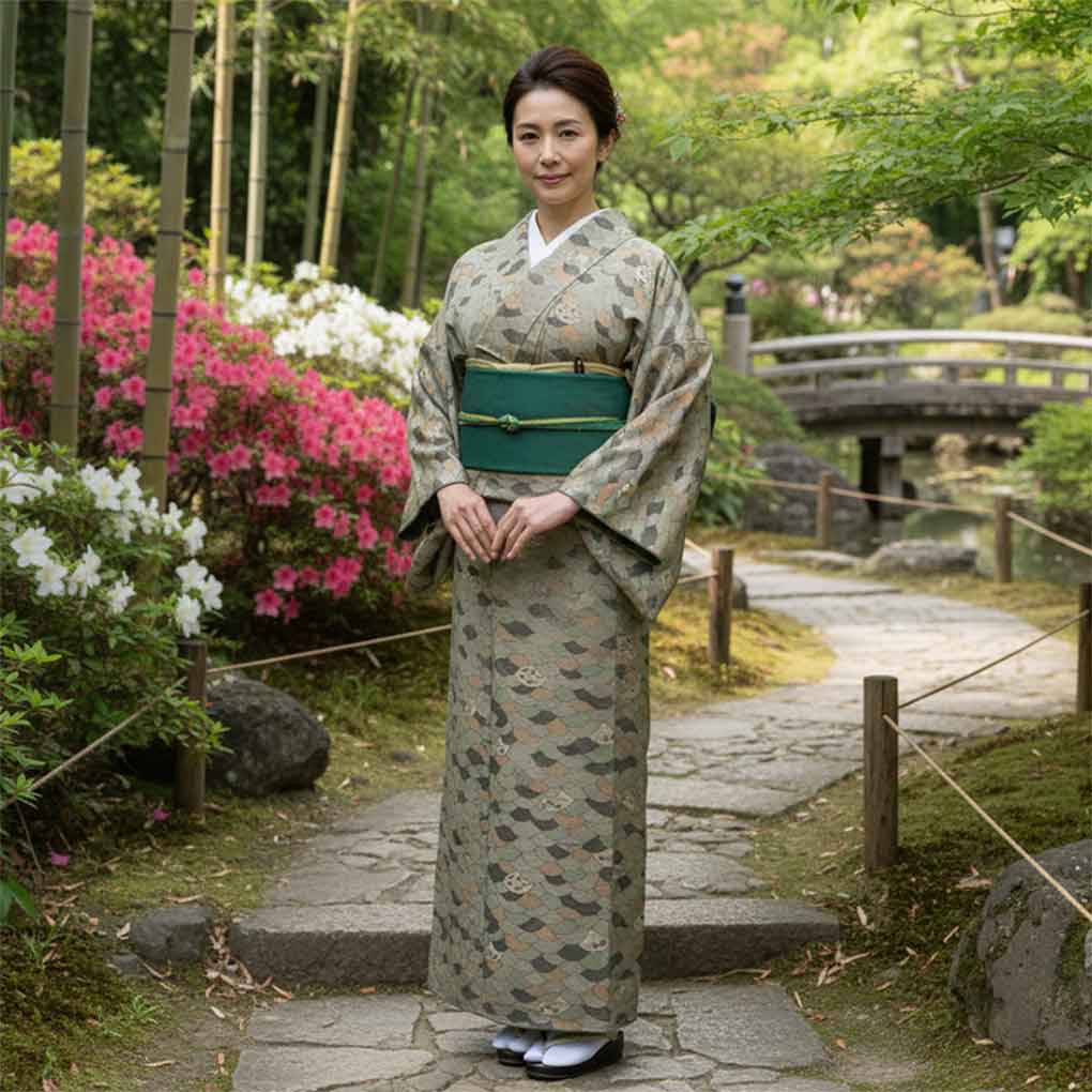 紬 リサイクル着物 身丈154cm 裄63cm 前幅23cm 後幅30cm 袖丈49cm 袖幅32cm レディース 袷 青海波 裄Mサイズ 秋冬春用 正絹（シルク）グレー 美品 リメイク リユース【ランクA】
