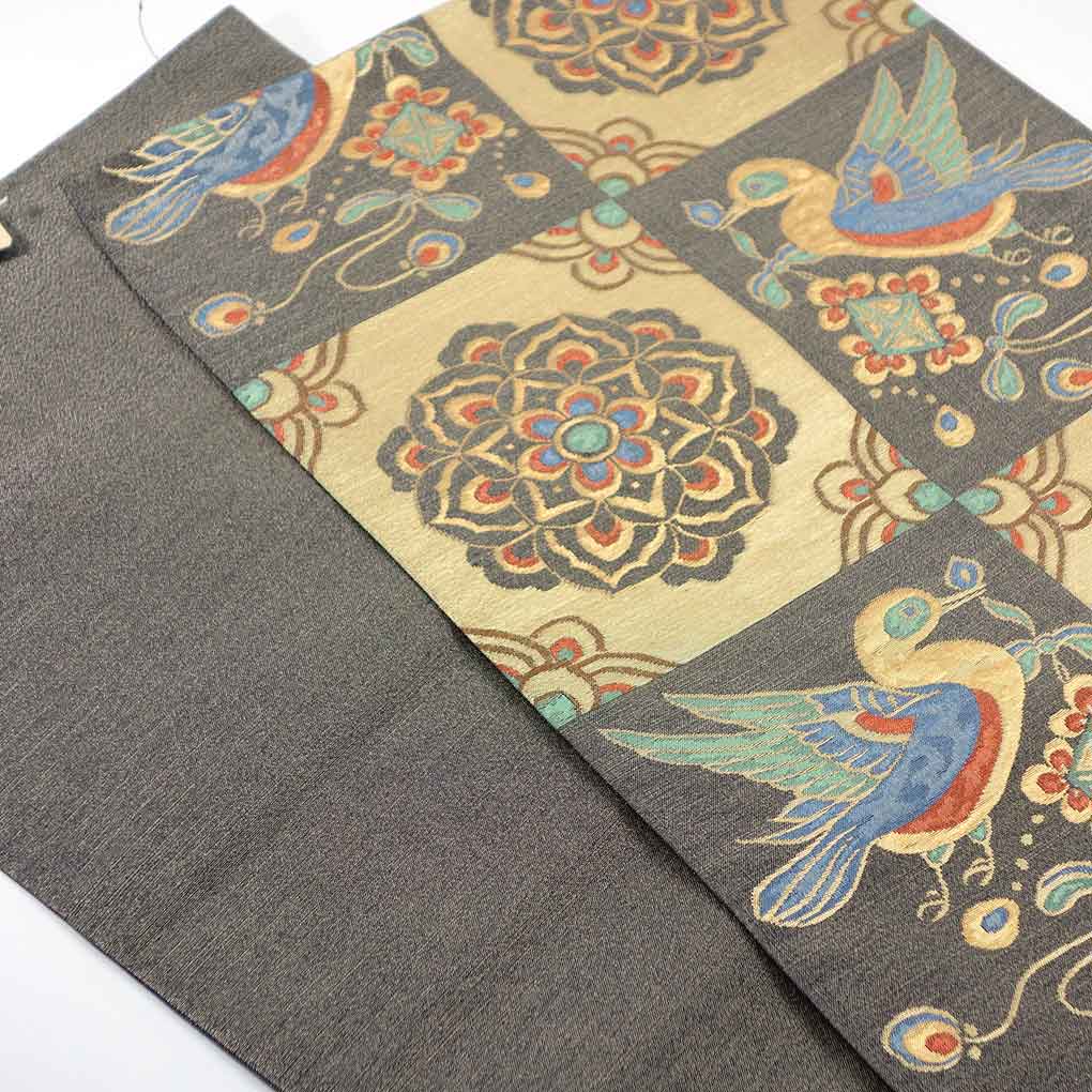 袋帯 リサイクル帯 幅30.5cm 長さ442cm レディース 市松 秋冬春用 正絹（シルク）ゴールド 美品 リメイク リユース【ランクA】
