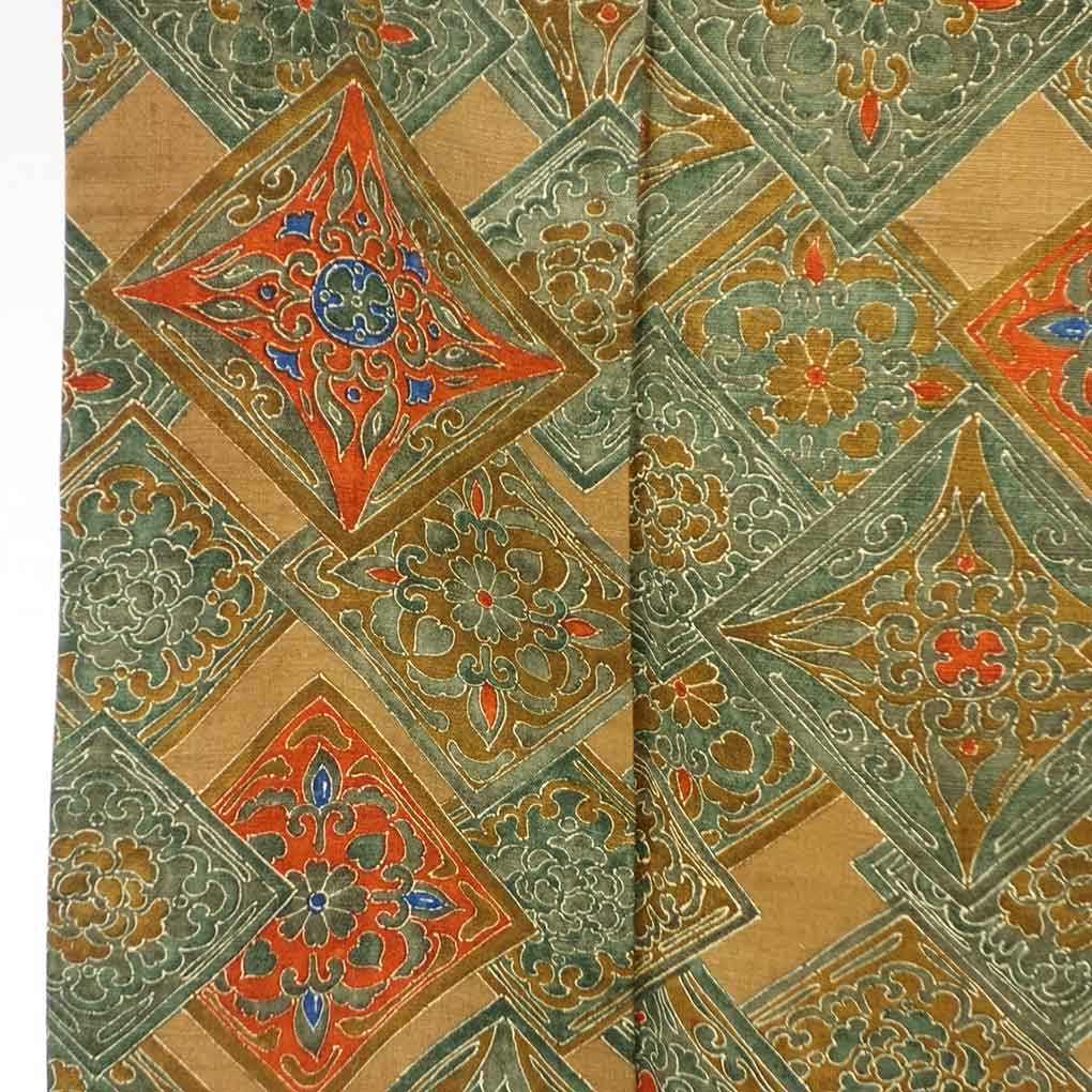 小紋 リサイクル着物 身丈158cm 裄63cm 前幅24cm 後幅29cm 袖丈47cm 袖幅33cm レディース 袷 連続模様 裄Mサイズ 秋冬春用 正絹(シルク)グリーン 美品 リメイク リユース【ランクA】