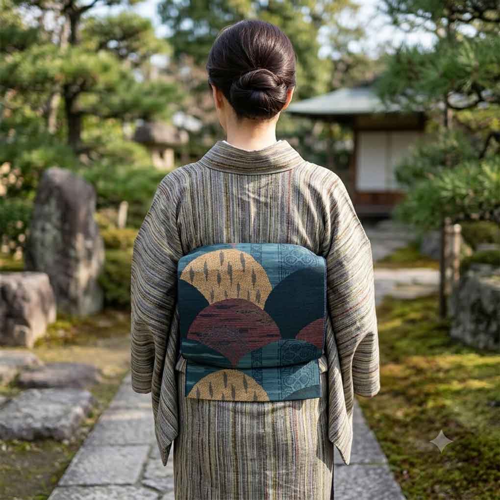 名古屋帯 リサイクル帯 幅30cm 長さ345cm レディース 連続模様 秋冬春用 正絹（シルク）ネイビー 美品 リメイク リユース【ランクA】