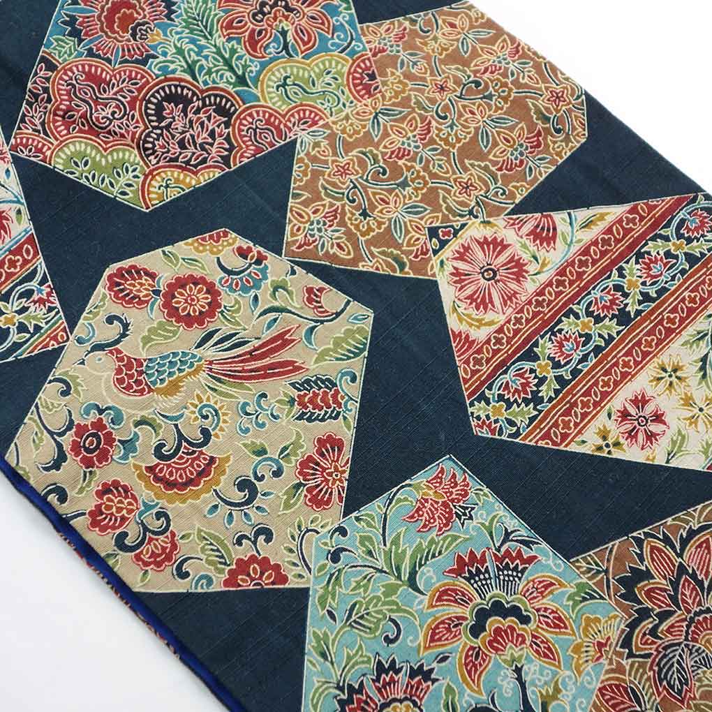 京袋帯 リサイクル帯 幅30cm 長さ367cm レディース 花柄 秋冬春用 正絹（シルク）ネイビー 美品 リメイク リユース【ランクA】
