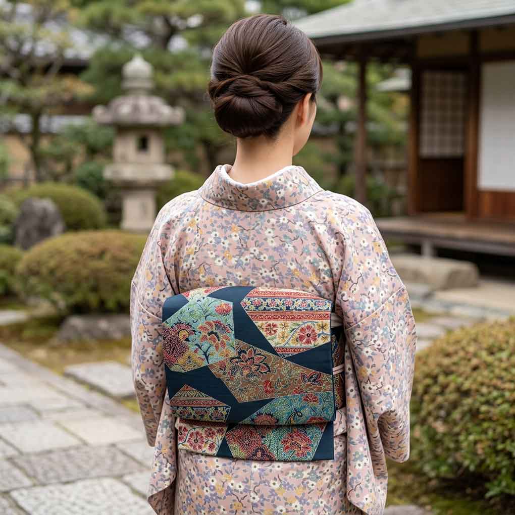 京袋帯 リサイクル帯 幅30cm 長さ367cm レディース 花柄 秋冬春用 正絹（シルク）ネイビー 美品 リメイク リユース【ランクA】