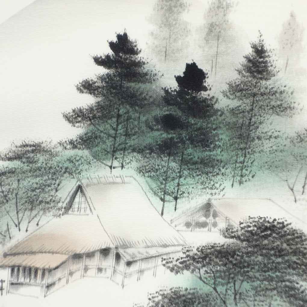 名古屋帯 リサイクル帯 幅31cm 長さ370cm レディース 風景画 秋冬春用 正絹(シルク)ホワイト 美品 塩瀬 リメイク リユース【ランクA】