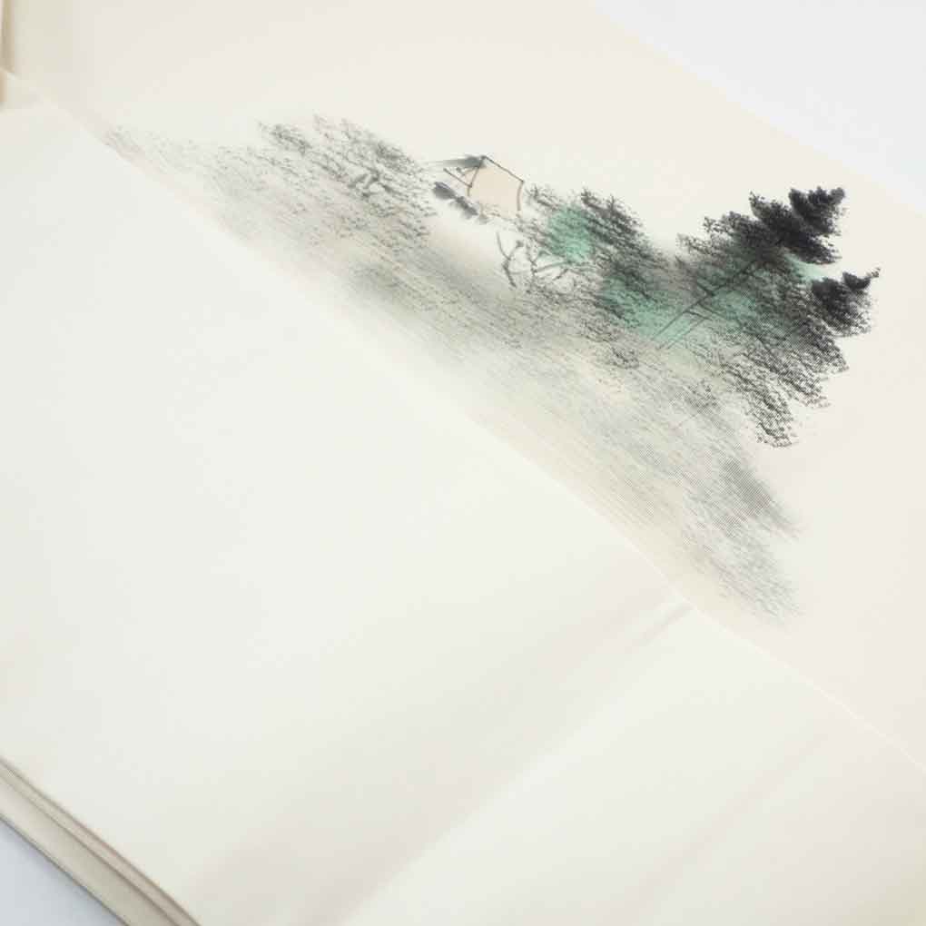 名古屋帯 リサイクル帯 幅31cm 長さ370cm レディース 風景画 秋冬春用 正絹(シルク)ホワイト 美品 塩瀬 リメイク リユース【ランクA】