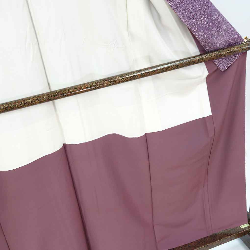 小紋 リサイクル着物 身丈159cm 裄64cm 前幅24cm 後幅30cm 袖丈49cm 袖幅33cm レディース 袷 江戸小紋 裄Mサイズ 秋冬春用 正絹（シルク）パープル やや難 リメイク リユース【ランクB】