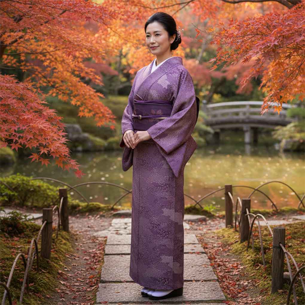 小紋 リサイクル着物 身丈159cm 裄64cm 前幅24cm 後幅30cm 袖丈49cm 袖幅33cm レディース 袷 江戸小紋 裄Mサイズ 秋冬春用 正絹（シルク）パープル やや難 リメイク リユース【ランクB】