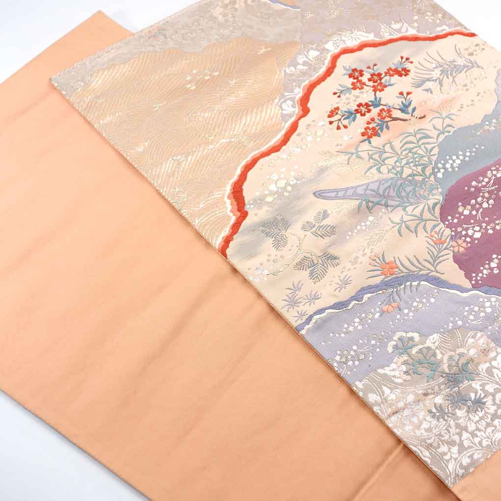 袋帯 リサイクル帯 幅30.5cm 長さ412cm レディース 花柄 秋冬春用 正絹（シルク）オレンジ 美品 リメイク リユース【ランクA】