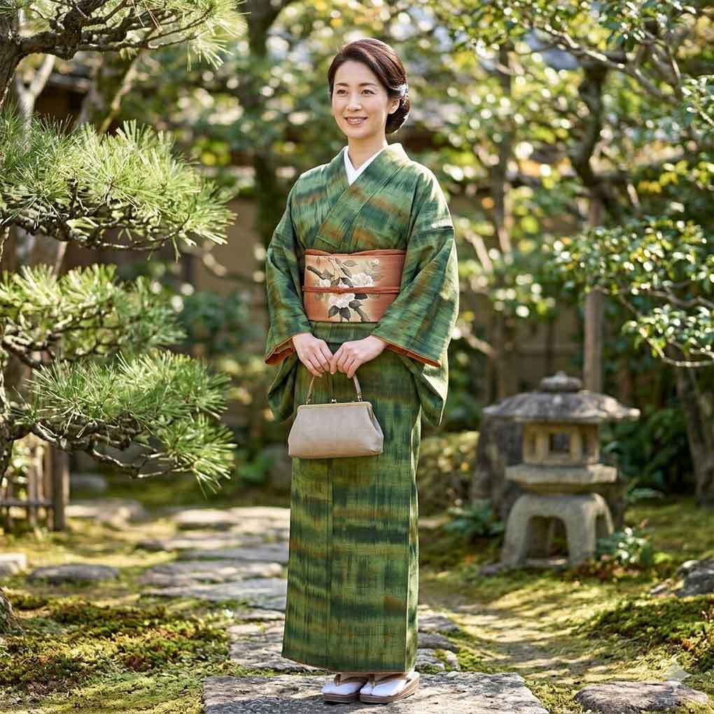 紬 リサイクル着物 身丈160cm 裄64cm 前幅24.5cm 後幅30cm 袖丈49cm 袖幅32cm レディース 袷 ぼかし 裄Mサイズ 秋冬春用 正絹（シルク）グリーン 美品 リメイク リユース【ランクA】
