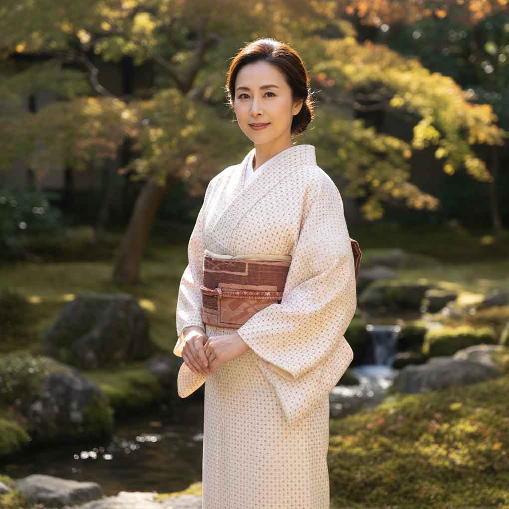 紬 リサイクル着物 身丈159cm 裄64cm 前幅23cm 後幅28cm 袖丈49cm 袖幅32cm レディース 袷 絣模様 裄Mサイズ 秋冬春用 正絹（シルク）ホワイト 美品 リメイク リユース【ランクA】