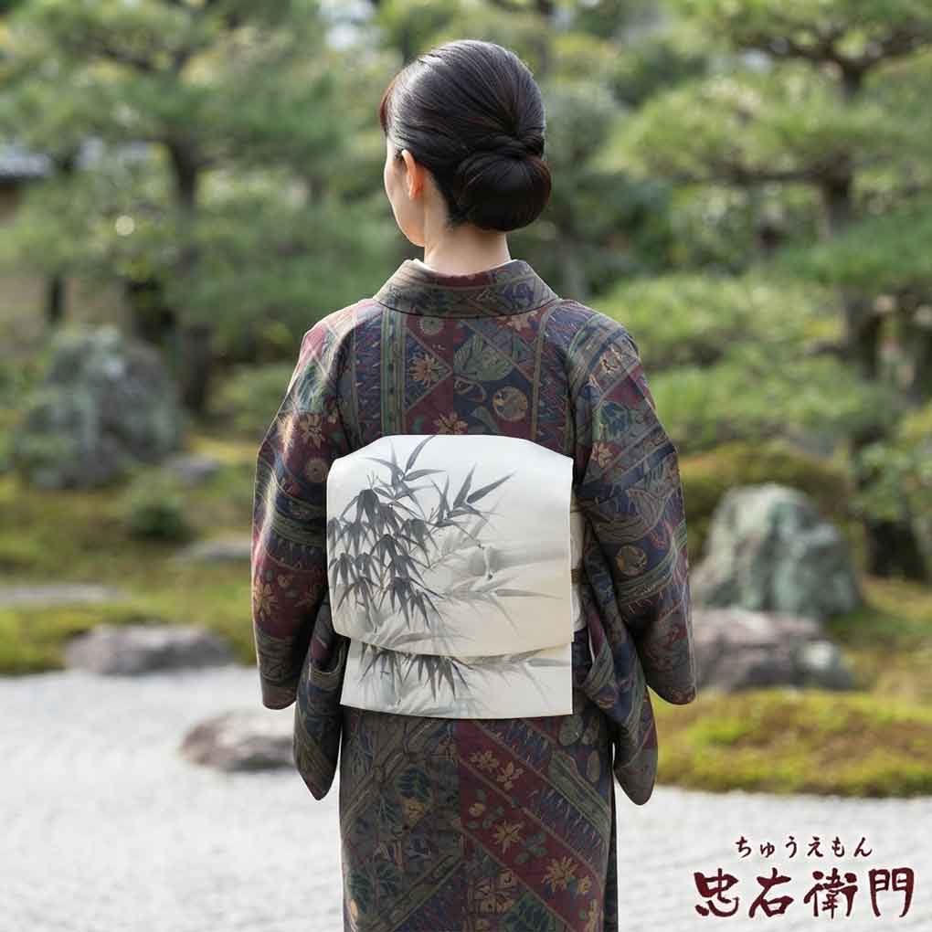 名古屋帯 リサイクル帯 幅32cm 長さ366cm レディース 笹 秋冬春用 正絹（シルク）ホワイト 美品 リメイク リユース【ランクA】