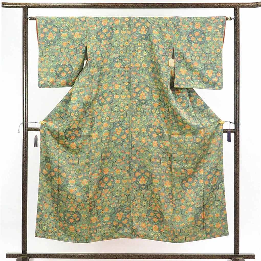 【在庫処分】リサイクル着物 小紋正絹グリーン地花柄袷小紋着物レディース【裄Mサイズ】【ランクA】