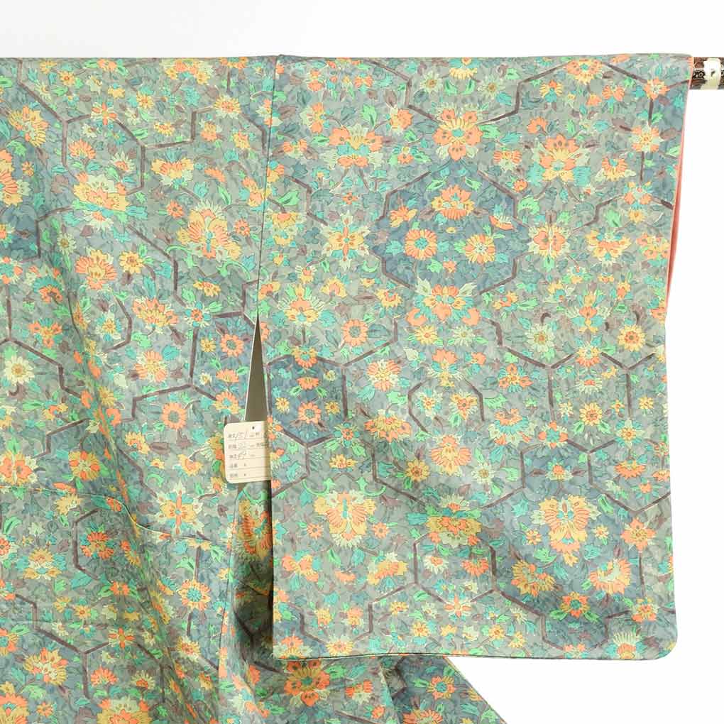 【在庫処分】リサイクル着物 小紋正絹グリーン地花柄袷小紋着物レディース【裄Mサイズ】【ランクA】