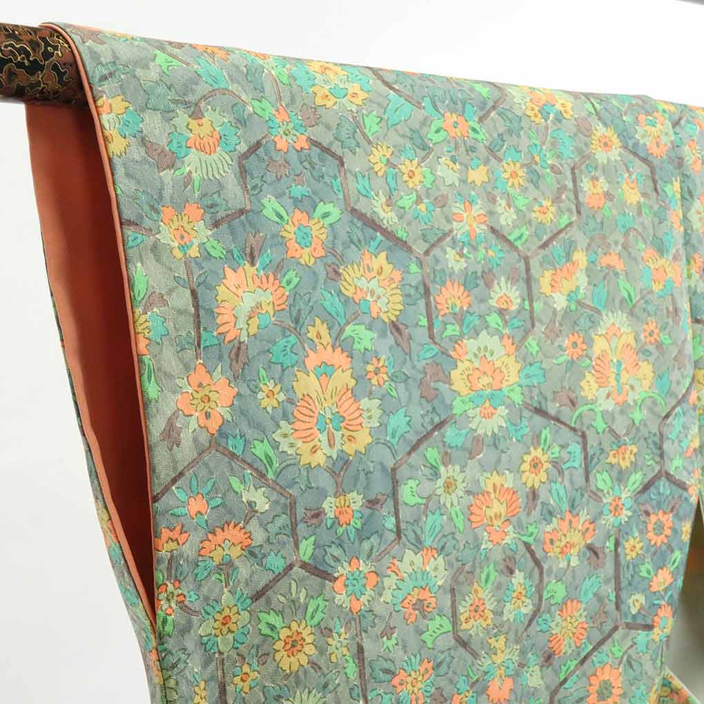 【在庫処分】リサイクル着物 小紋正絹グリーン地花柄袷小紋着物レディース【裄Mサイズ】【ランクA】