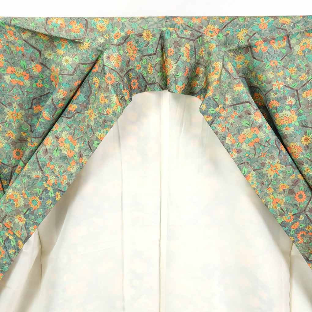 【在庫処分】リサイクル着物 小紋正絹グリーン地花柄袷小紋着物レディース【裄Mサイズ】【ランクA】