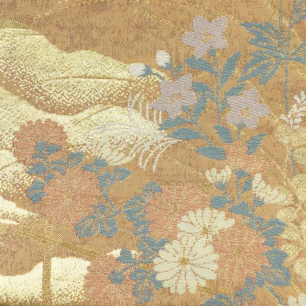 袋帯 リサイクル帯 幅30.5cm 長さ445cm レディース 花柄 秋冬春用 正絹（シルク）ゴールド 美品 リメイク リユース【ランクA】