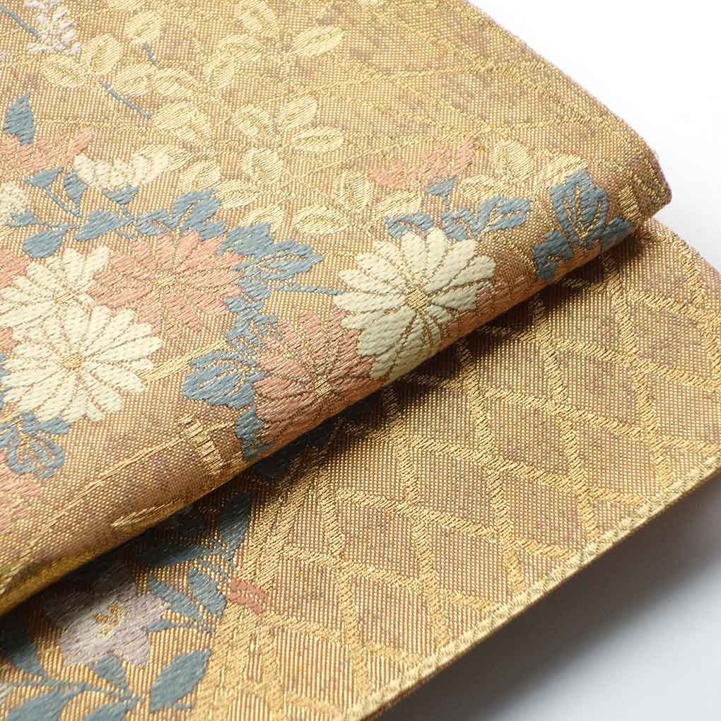 袋帯 リサイクル帯 幅30.5cm 長さ445cm レディース 花柄 秋冬春用 正絹（シルク）ゴールド 美品 リメイク リユース【ランクA】