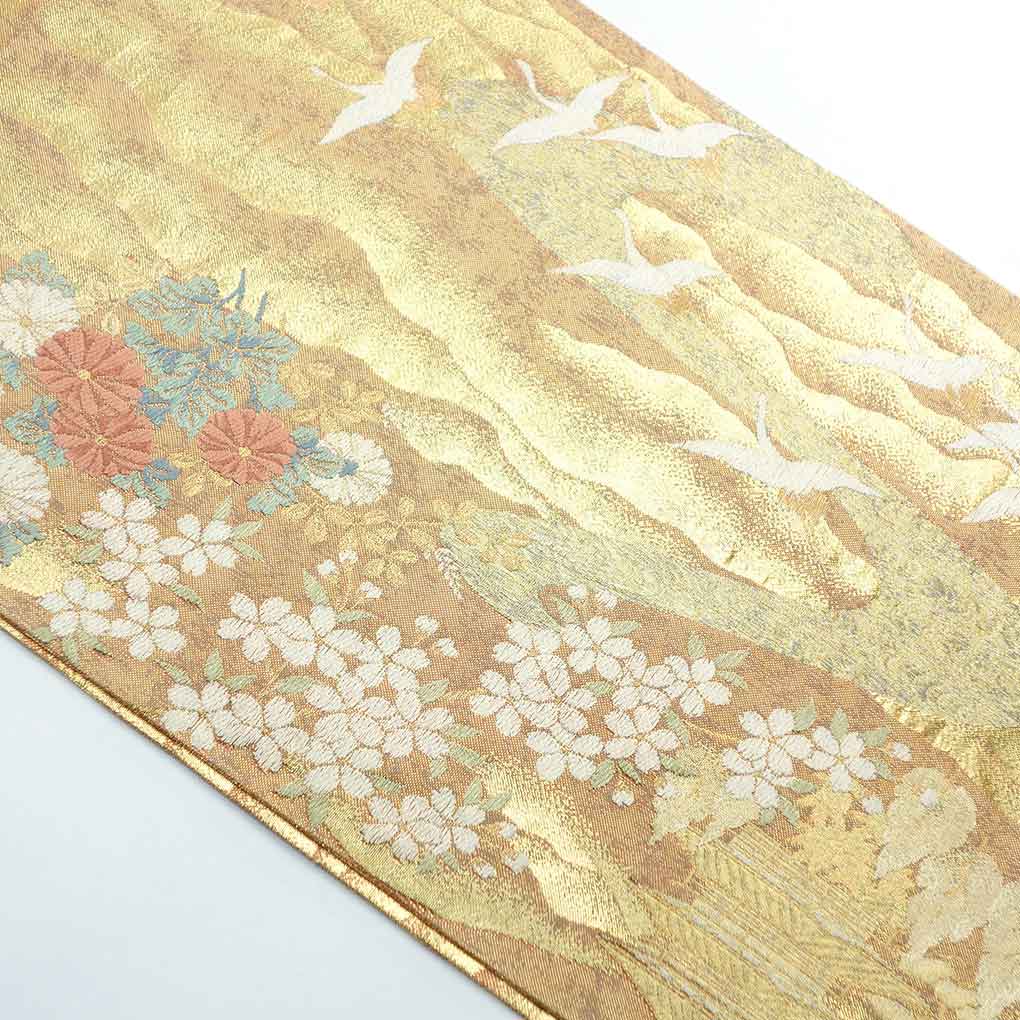 袋帯 リサイクル帯 幅30.5cm 長さ445cm レディース 花柄 秋冬春用 正絹（シルク）ゴールド 美品 リメイク リユース【ランクA】