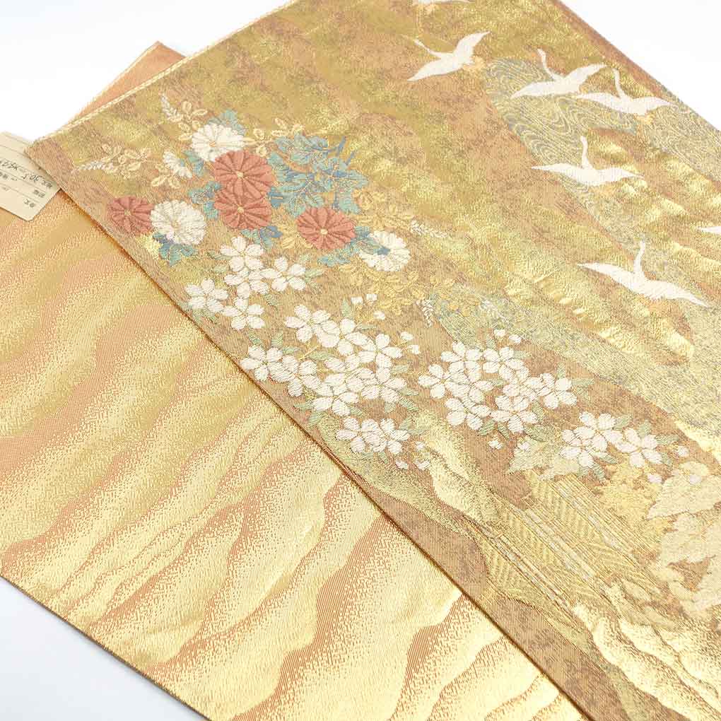 袋帯 リサイクル帯 幅30.5cm 長さ445cm レディース 花柄 秋冬春用 正絹（シルク）ゴールド 美品 リメイク リユース【ランクA】