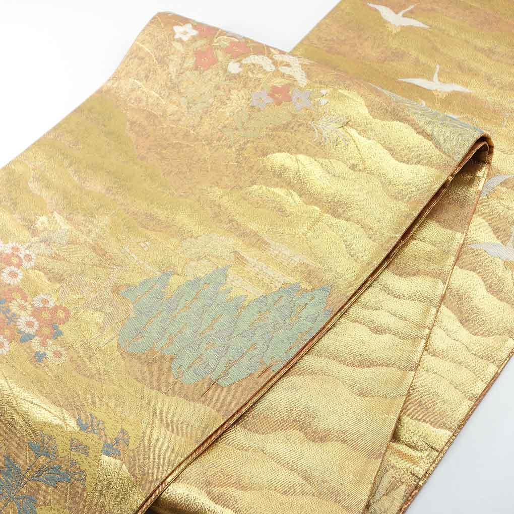 袋帯 リサイクル帯 幅30.5cm 長さ445cm レディース 花柄 秋冬春用 正絹（シルク）ゴールド 美品 リメイク リユース【ランクA】
