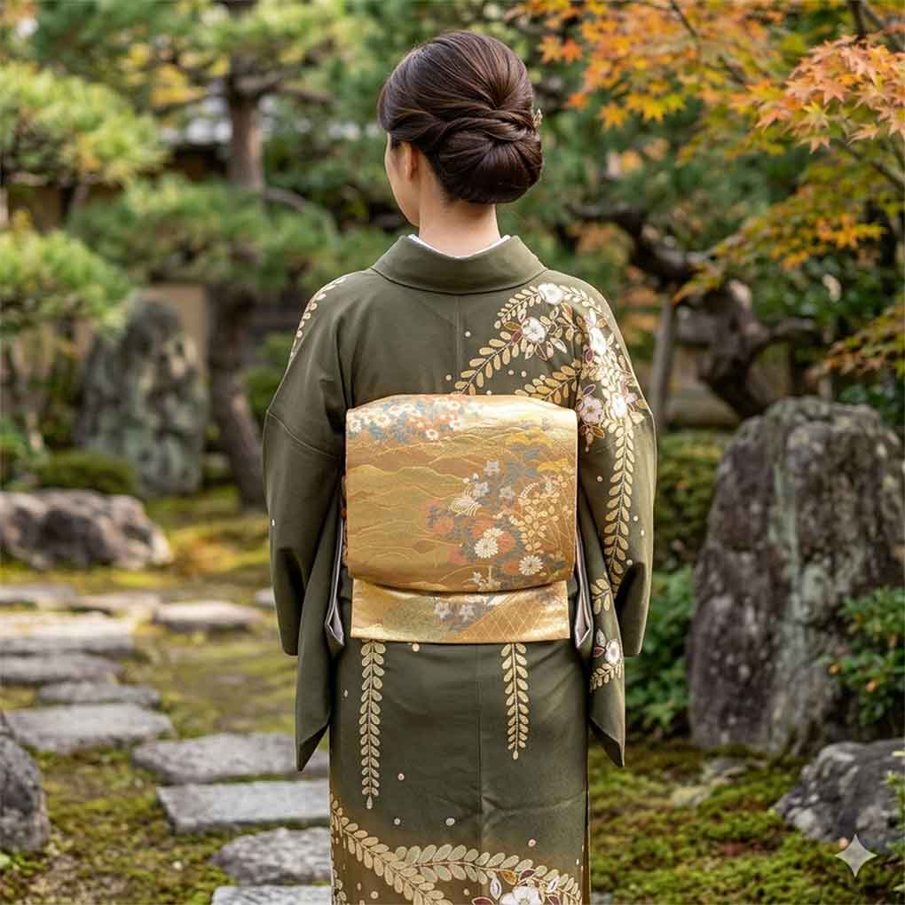 袋帯 リサイクル帯 幅30.5cm 長さ445cm レディース 花柄 秋冬春用 正絹（シルク）ゴールド 美品 リメイク リユース【ランクA】