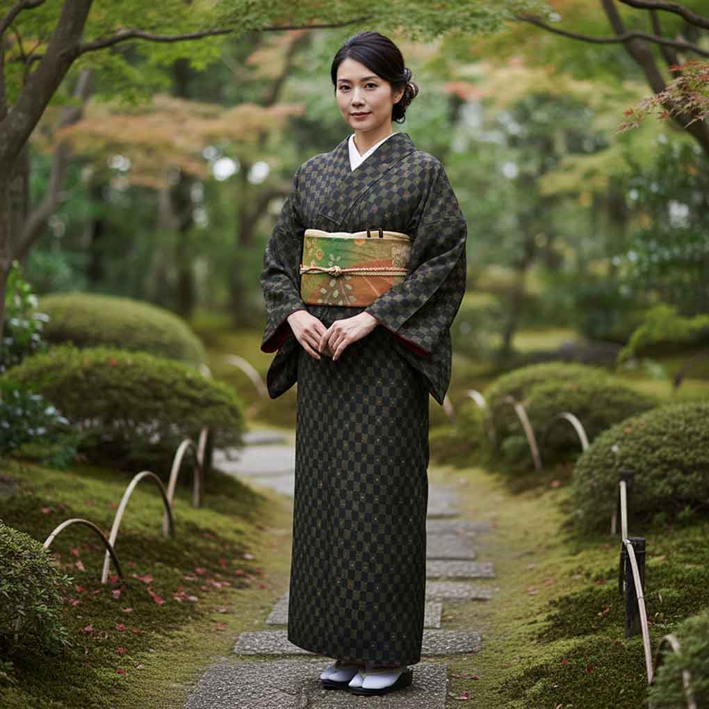 紬 リサイクル着物 身丈159cm 裄64cm 前幅22.5cm 後幅28cm 袖丈49cm 袖幅33cm レディース 胴抜裾八掛 市松 裄Mサイズ 秋冬春用 正絹（シルク）ブラック 未使用品 リメイク リユース【ランクS】