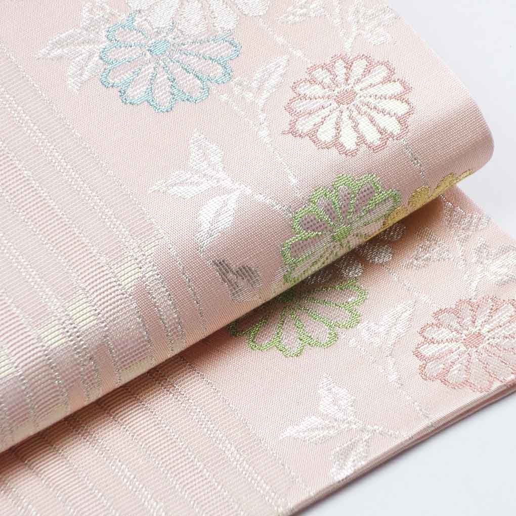 名古屋帯 リサイクル帯 幅30cm 長さ350cm レディース 菊 秋冬春用 正絹(シルク)ピンク 美品 リメイク リユース【ランクA】