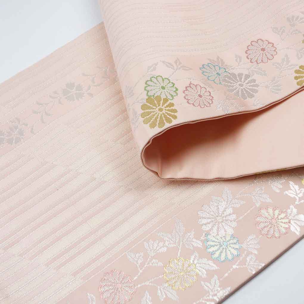 名古屋帯 リサイクル帯 幅30cm 長さ350cm レディース 菊 秋冬春用 正絹(シルク)ピンク 美品 リメイク リユース【ランクA】