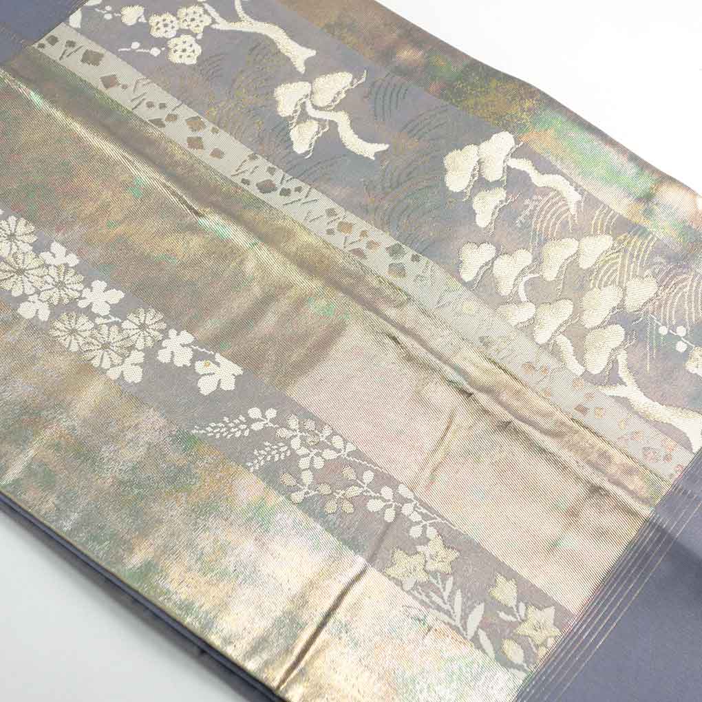 名古屋帯 リサイクル帯 幅32cm 長さ378cm レディース 花柄 秋冬春用 正絹(シルク)ゴールド やや難 リメイク リユース【ランクB】