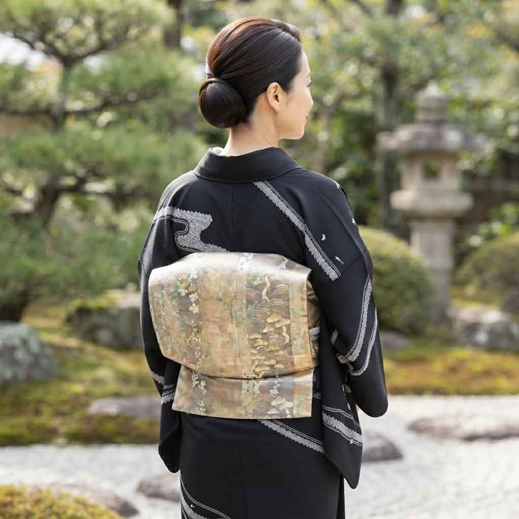 名古屋帯 リサイクル帯 幅32cm 長さ378cm レディース 花柄 秋冬春用 正絹(シルク)ゴールド やや難 リメイク リユース【ランクB】