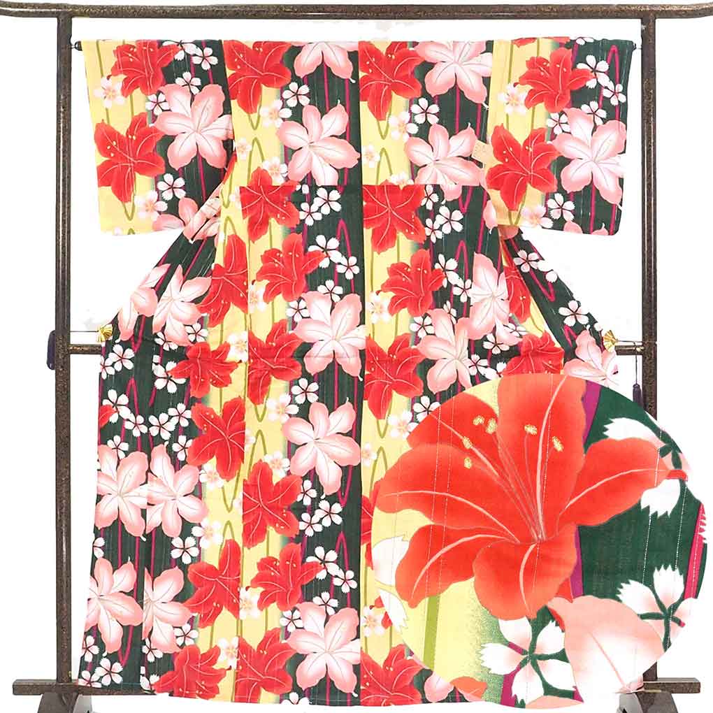 浴衣 リサイクル着物 身丈165cm 裄67cm 前幅24cm 後幅30cm 袖丈48cm 袖幅34cm レディース 花柄 裄長 裄Lサイズ 夏用 木綿 グリーン トールサイズ 未使用品 リメイク リユース【ランクS】