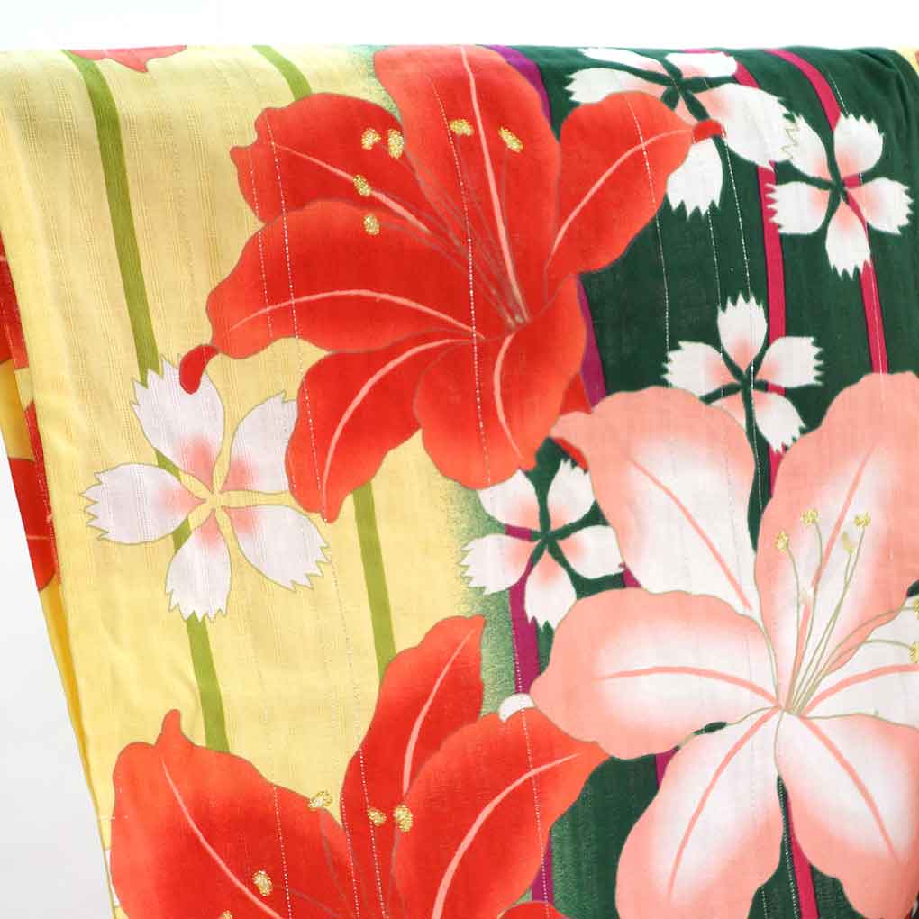 浴衣 リサイクル着物 身丈165cm 裄67cm 前幅24cm 後幅30cm 袖丈48cm 袖幅34cm レディース 花柄 裄長 裄Lサイズ 夏用 木綿 グリーン トールサイズ 未使用品 リメイク リユース【ランクS】