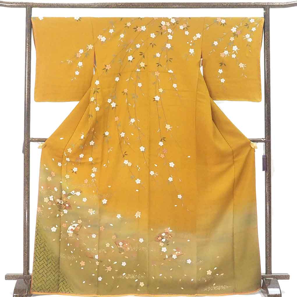 訪問着 リサイクル着物 身丈171cm 裄68cm 前幅24cm 後幅29cm 袖丈52cm 袖幅34.5cm レディース 袷 桜 裄長 裄Lサイズ 秋冬春用 正絹（シルク）イエロー トールサイズ 未使用品 リメイク リユース【ランクS】