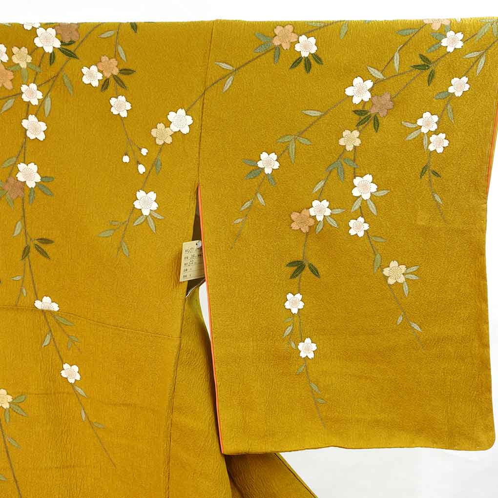 訪問着 リサイクル着物 身丈171cm 裄68cm 前幅24cm 後幅29cm 袖丈52cm 袖幅34.5cm レディース 袷 桜 裄長 裄Lサイズ 秋冬春用 正絹（シルク）イエロー トールサイズ 未使用品 リメイク リユース【ランクS】